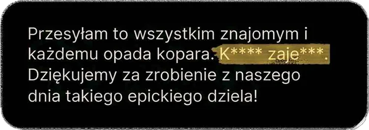Przesyłam to wszystkim znajomym i każdemu opada kopara. K**** zaje***. Dziękujemy za zrobienie z naszego dnia takiego epickiego dzieła!
